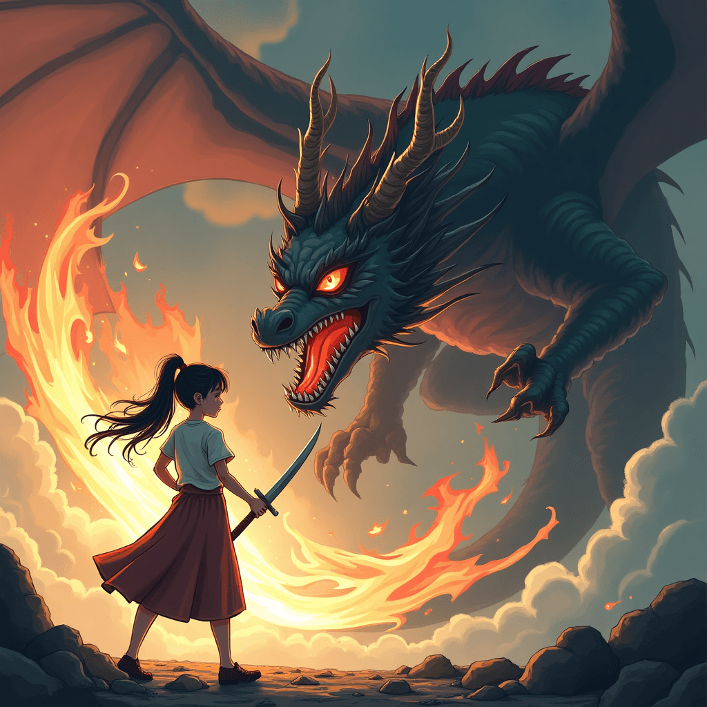  a girl handing the sword is fighting with a dragon