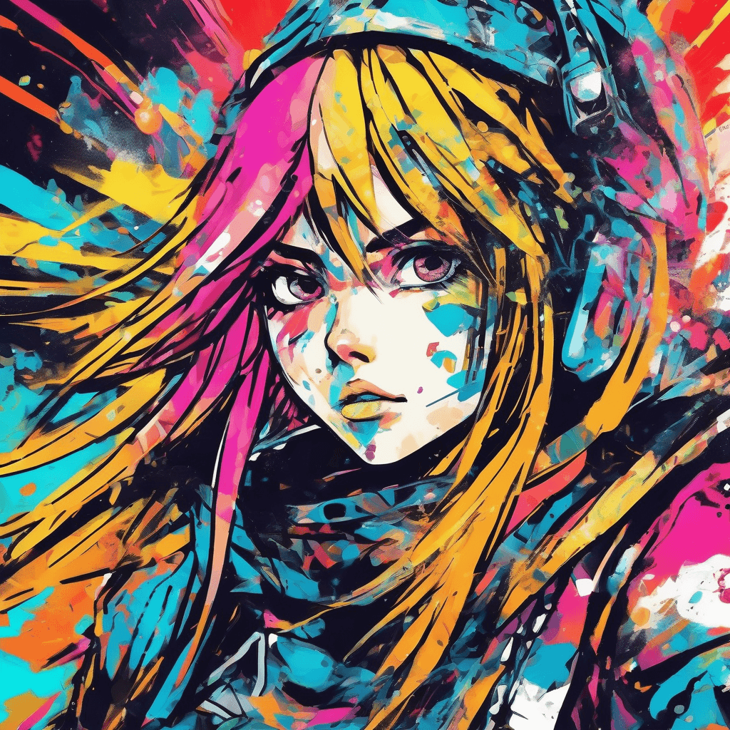 The Rebellion meets abstract expressionism, close up shot of free-spirited girl, manga style, in vibrant and chaotic warrior outfit, 