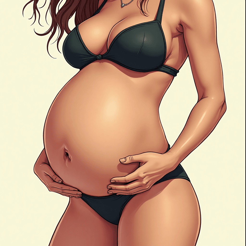 9 month pregnant girl in bikini holding her huge veiny belly