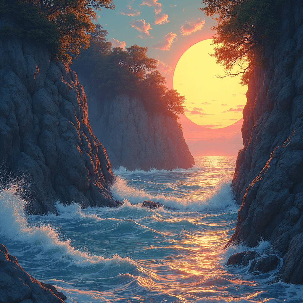 dynamic and vivid compositions like Hiroyuki Imaishi, detailed backgrounds and lighting by Makoto Shinkai, Ukiyo-e inspired depth and atmospheric color schemes, dynamic perspective, detailed environmental textures, atmospheric effects, vibrant andand balanced color palette, and Hiroyuki Imaishi's signature kinetic energy and bold stylistic choices.