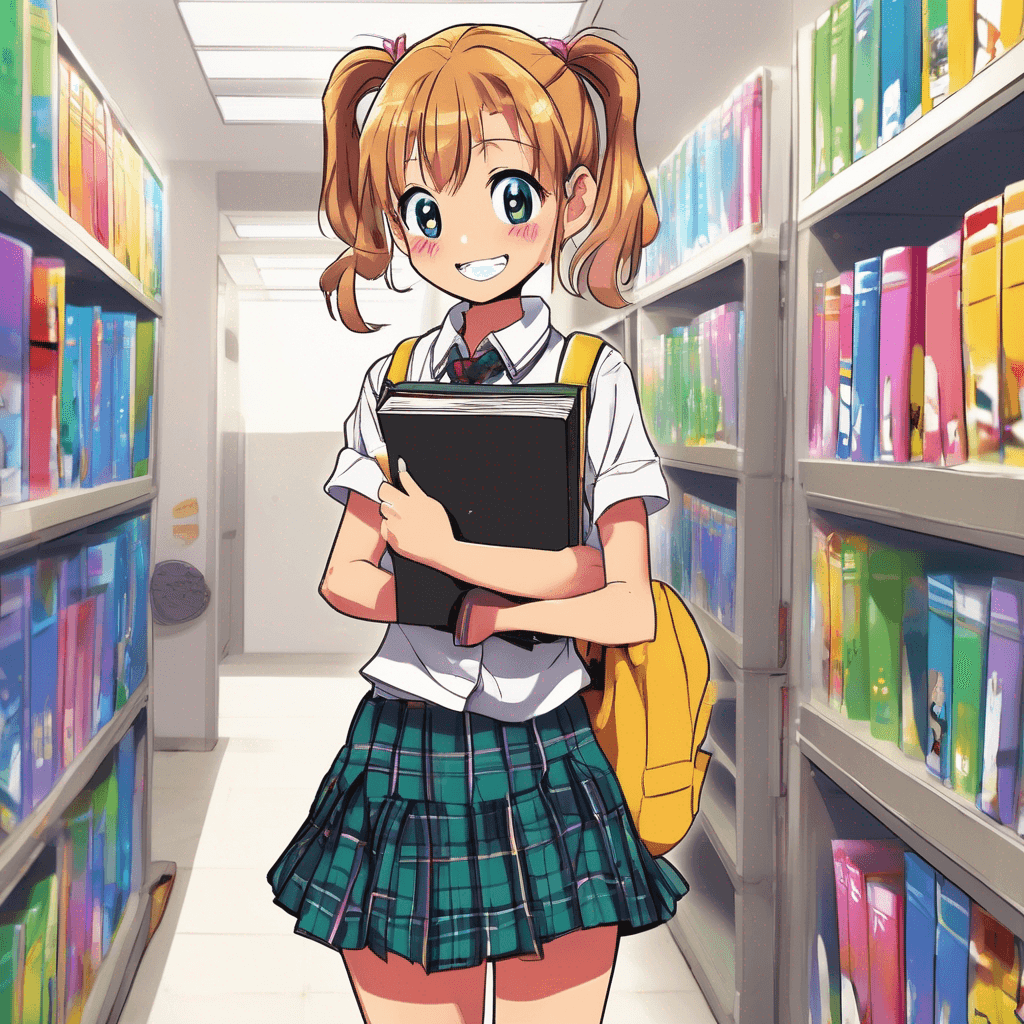 A high school girl with a bright smile stands in a bustling school hallway, holding a stack of colorful textbooks. She wears a neatly pressed school uniform with a plaid skirt and a crisp white blouse, her hair tied back in a playful ponytail. The lockers behind her are decorated with vibrant stickers and personal touches, and students chat animatedly in the background. The scene captures the energy and excitement of school life, with a hint of youthful ambition and camaraderie.