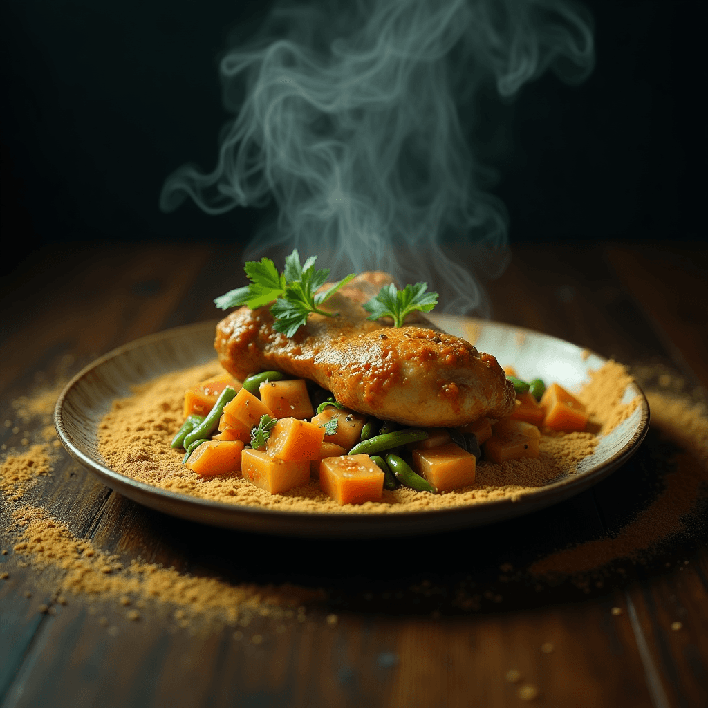 A sand on the plate with chicken and vegetables with curry sos on top, dark smoky background, retro rustic photo, rustic effect, realistic photo, scary horror dark effects, shallow depth of field blurs the surroundings, punctuated by bokeh and vignette effects. Colors burst with Kodak Porta 400 and Cinestill 800-inspired vibrancy, reminiscent of Maciej Kuciara, Jama Jurabaev, and Wojtek Fus's works, captured with the gritty realism of a Leica M10, ultra-detailed, best quality, spectacular scenery, exquisite facial features, particles, rich details, masterpiece, best quality, ultra-detailed, OC rendering, 8K quality