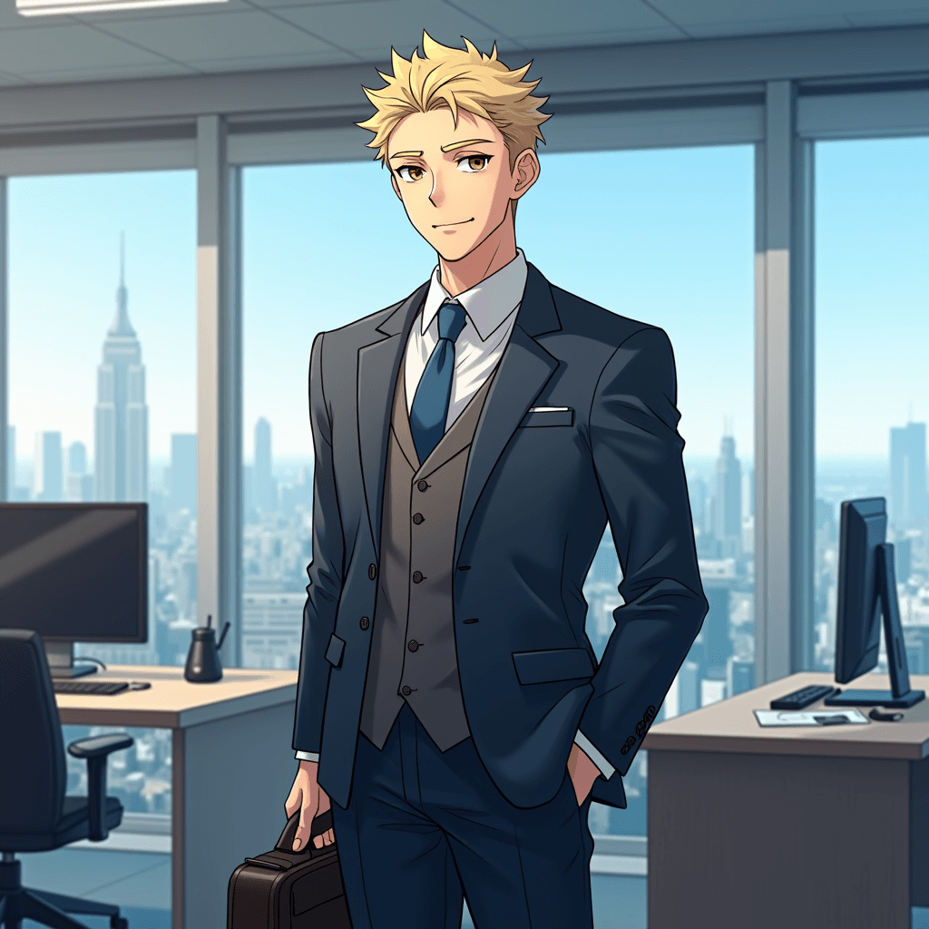 best quality, masterpiece, ultra-detailed, illustration,1 male, adult, short hair, cosmic eyes (brown cosmic), blonde hair, slight smile, polite expression, worker suit, professional attire, well-fitted suit, tie, standing posture, confident stance, office background, modern office setting, glass windows, cityscape view, natural lighting, clean and organized desk, computer, papers, briefcase, professional demeanor, focus, determination, high-rise building, skyline, blue skies, subtle lighting effects