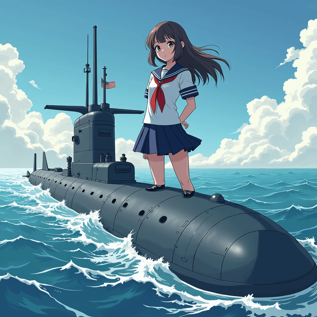 a girl standing on a submarine, firm, sailor suit