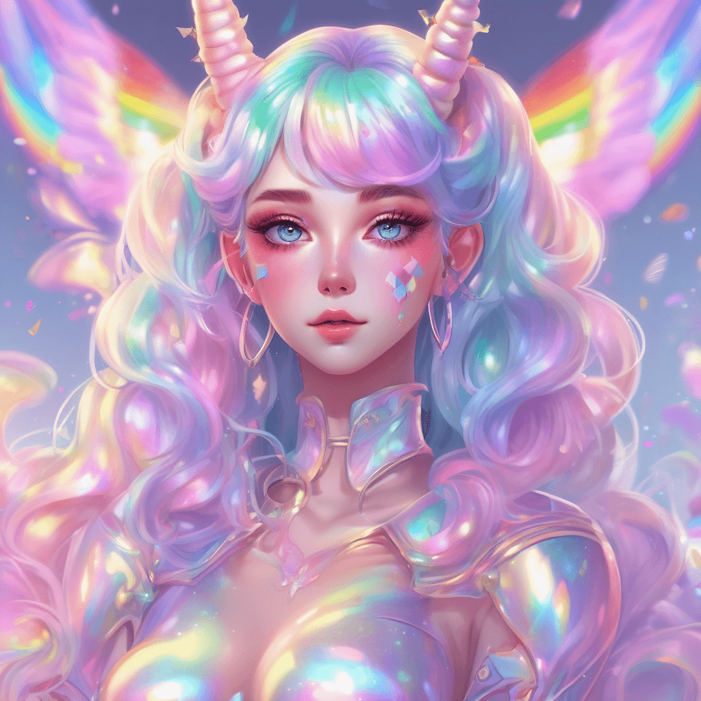 insta girl, pastel rainbow, large glittering shiny beautiful eyes, pastel rainbow hair 🌈 with iridescent glowing highlights , cute facial features, pastel rainbow bodysuit , pastel rainbow unicorn horn, pure mature anime woman demi-goddess , fantasy, glittery, opalescent, iridescent, glowing, shimmering, shiny, bright rococo by Ruan Jia and Bernie Wrightson and John Romita and Irakli Nadar and Yanjun Cheng and Julia Razumova and Kuvshinov Ilya and Anastasia berry and artgerm and guweiz and wlop and kim jung gi and rutkowski